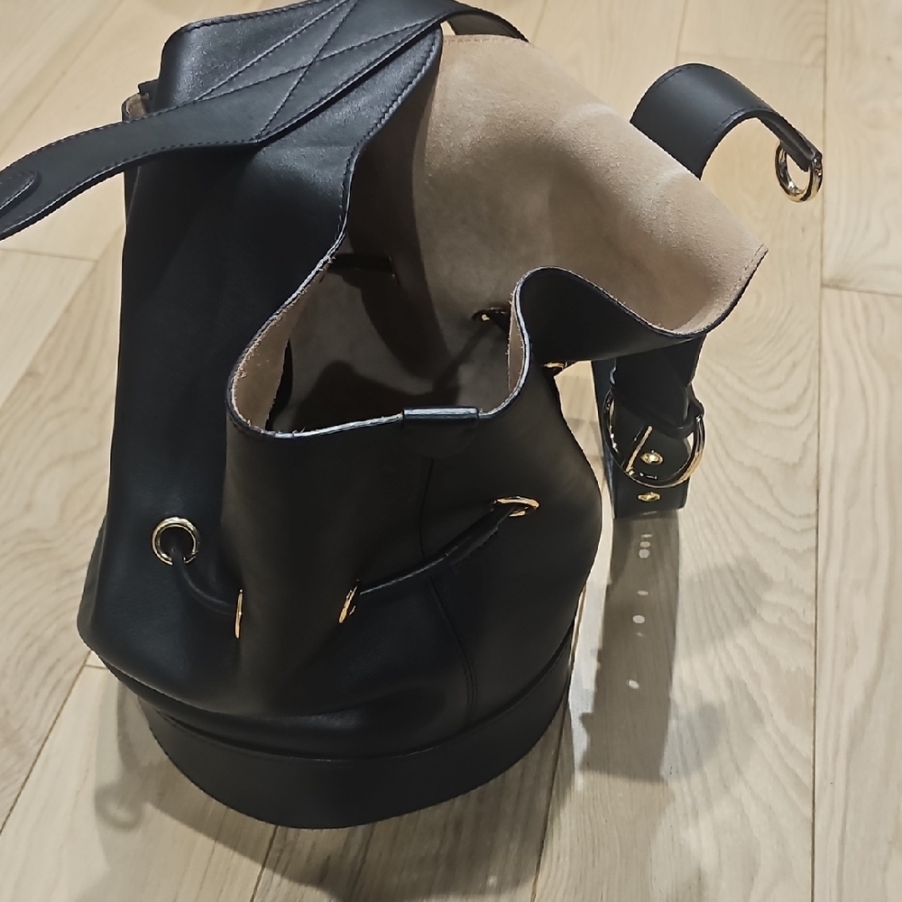Black Leather Bucket Bag with Gold Accents